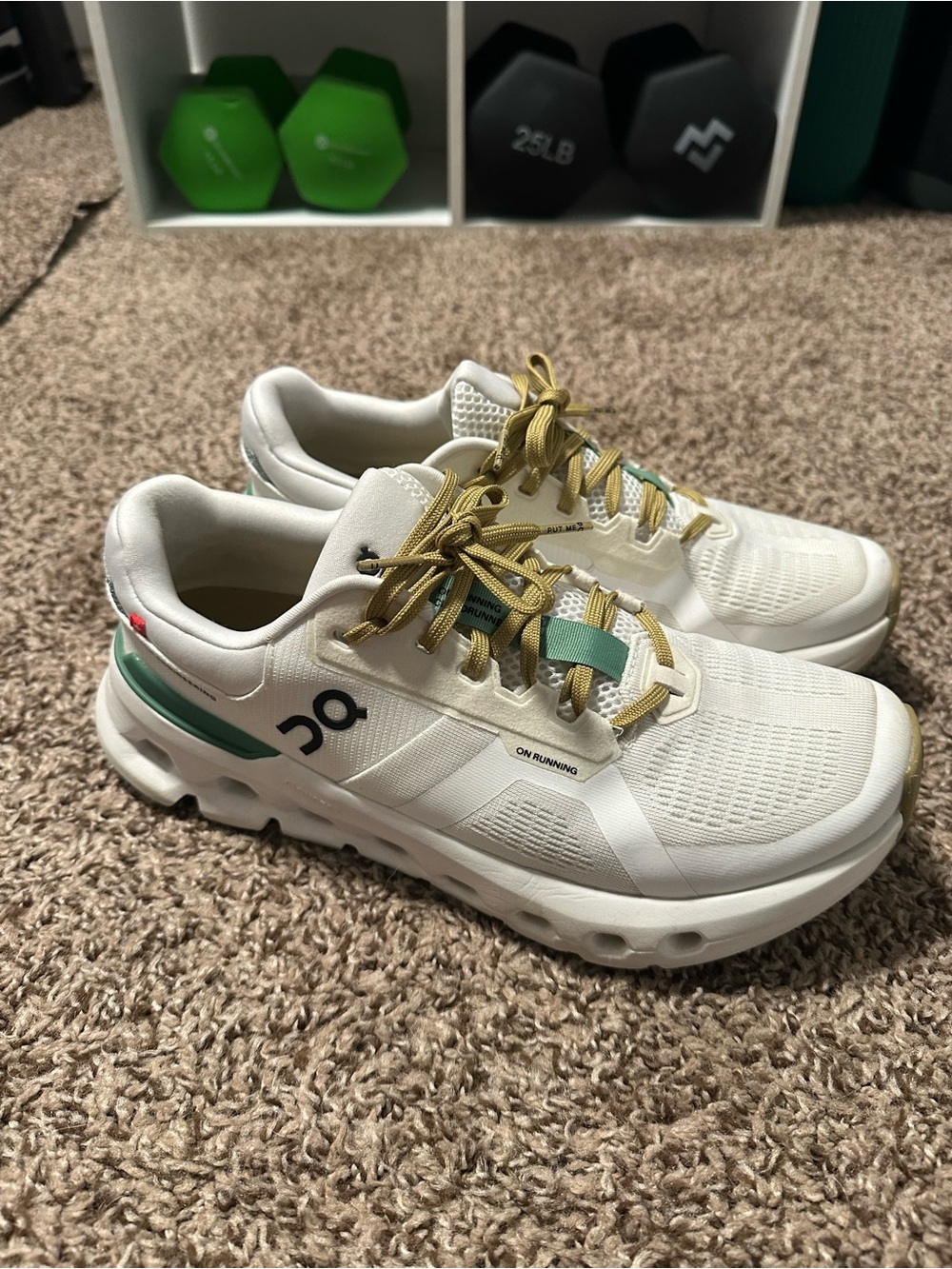 On Running White Sneakers with Mint Green Stripe & Gold Laces